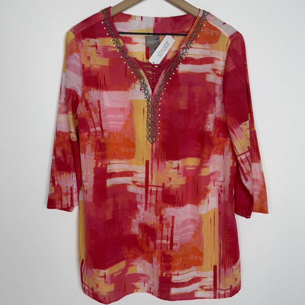 Chico's Blouse Womens 2 Red Beaded V-Neck 3/4 Sleeve Tunic Rhinestone Trim
